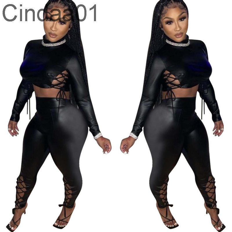 Designers Womens Tracksuits Slim Two Piece Set Sexy High Neck Crop Top Black Leggings Bandage PU Suits
Designers Womens Tracksuits Slim Two Piece Set Sexy High Neck Crop Top Black Leggings Bandage PU Suits