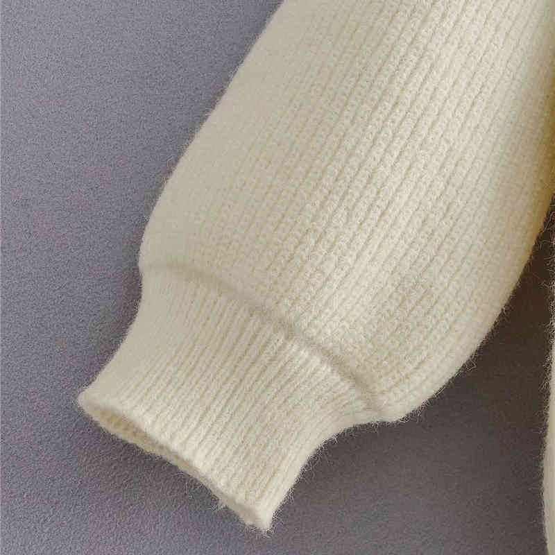 Autumn Women fashion V-neck Lace Solid Knitted Pullover Chic Lady Long Sleeve Loose White Sweater Fashion Jumpers 210421