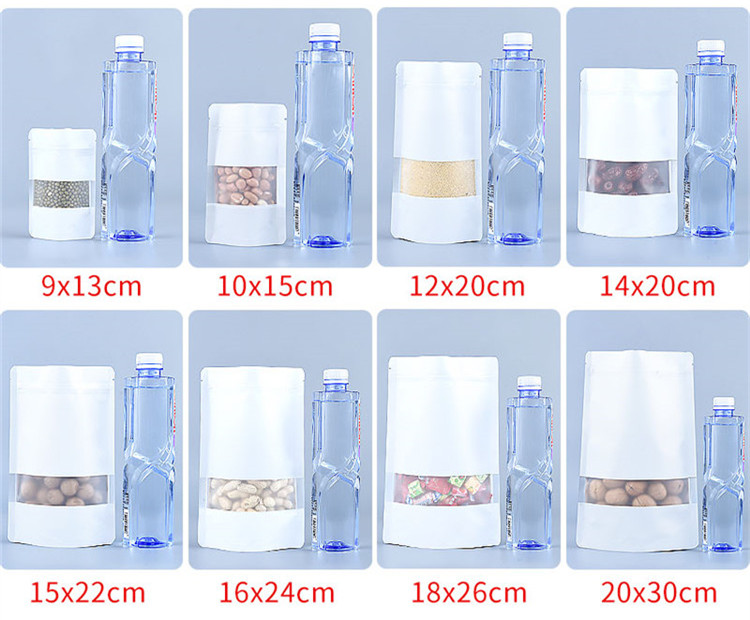 100pcs Stand up Matte White Aluminum Foil Window Zip Lock Bag Resealable Meat Coffee Powder Snack Nuts Xmas Wedding Gifts Heat Sealing Packaging Pouch