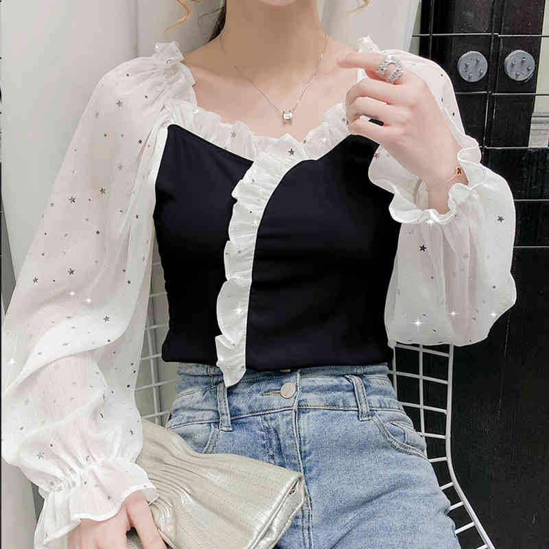 Lace V-neck Chiffon Blouse Pleated Slim Splicing Tops and Autumn Vintage Lantern Long Sleeve Women's Shirts 11419 210427
