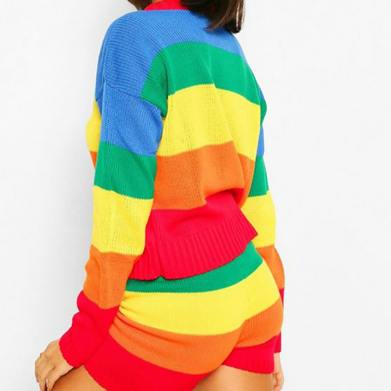 Nomikuma Rainbow Stripe 2piece Sweater Sets Long Sleeve V-neck Knitted Cardigan Coat + Stretch Waist Shorts Women Outfits 6C357 210427