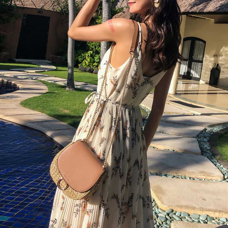 Casual Beach Style Sweet Camisole Pleated Dresses for Women Elegant Print Chiffon Silm Waist Office Lady Vestidos 210525