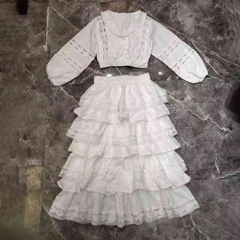 White Lace Sets For Women V Neck Lantern Sleeve Short Tops Midi Skirts Elegant Two Piece Set Female Fashion Clothing 210531