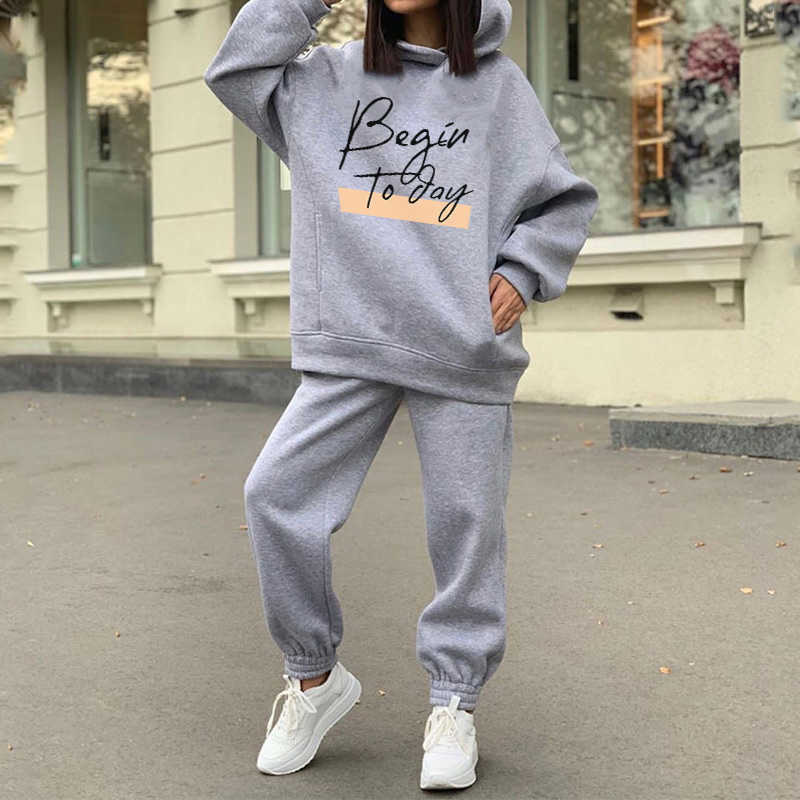 Two Piece Set Casual Fleece Tracksuit Winter Letter Print Women's Sets Oversized Hooded Long Sleeve Hoodie Sport Pants Lady Suit 210709