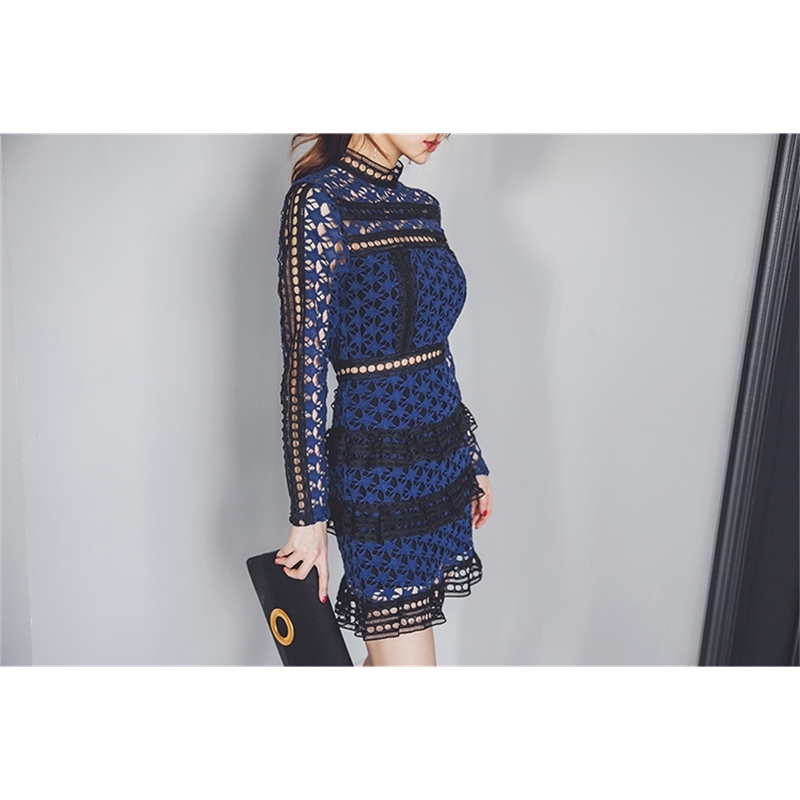 HIGH QUALITY est Summer Self Portrait Dress Women's Long Sleeve Hollow Out Cascading Lace 210520