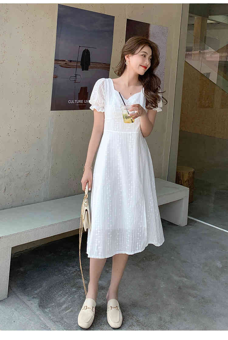 Sweet Embroidery Cotton Elegant White Dresses Summer Puff Short Sleeve Square Collar Split Sexy Party Dress 210519