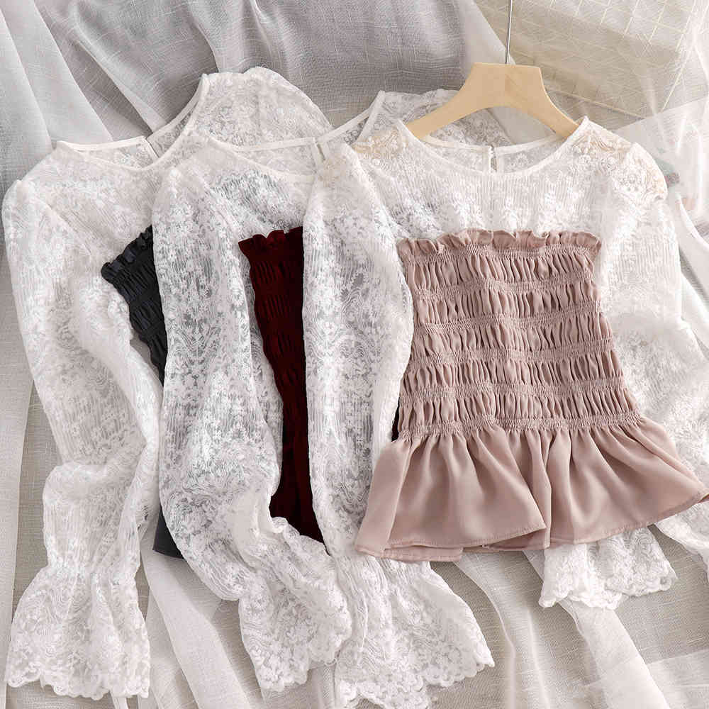 Elegant Shirt Fashion Office Lady Tops Korean Style Women Lace Sleeve Patch Blouse Feminina Pleated Ruffle Blusas 210519