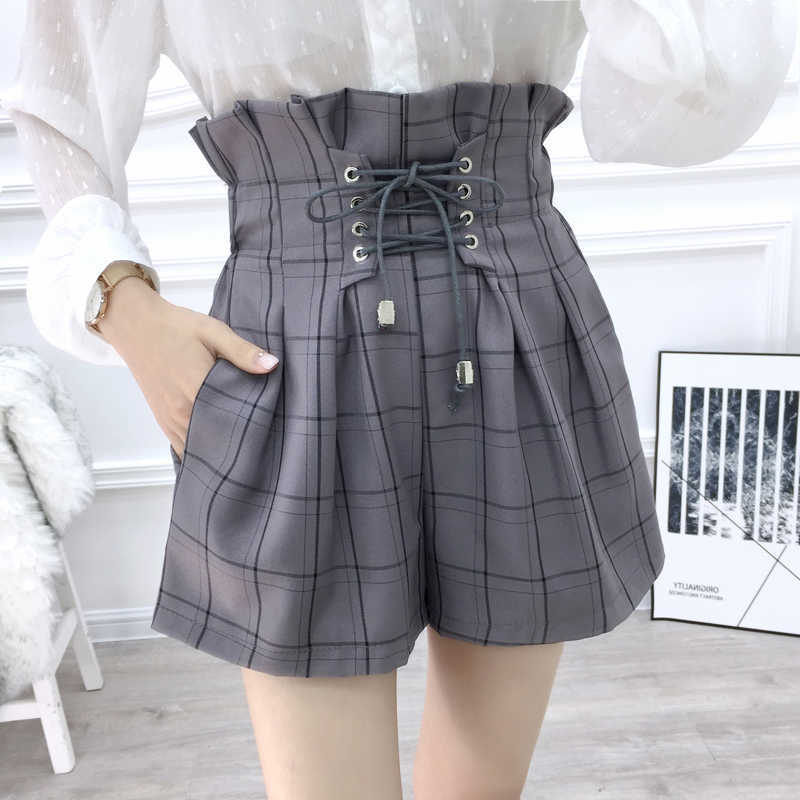 HELIAR Women Drawstring Plaid Shorts Elastic Waist Wide Leg Shorts With Saches Harajuku High Waist Shorts For Women Autumn 210625