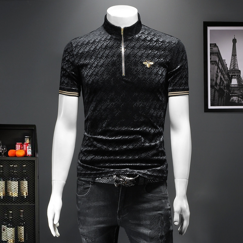 2022 mercerized cotton T-shirt men's summer new slim round neck embroidery printing men's short-sleeved bottoming shirt large size, Black