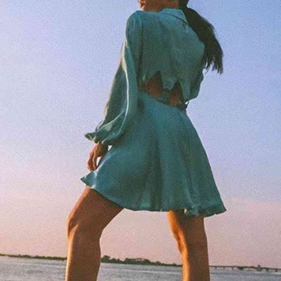 Free Fashion Shirt Dress Women's Blue Lapel Lantern Sleeve Sexy Hollow A Line Club Party Vestidos 210524