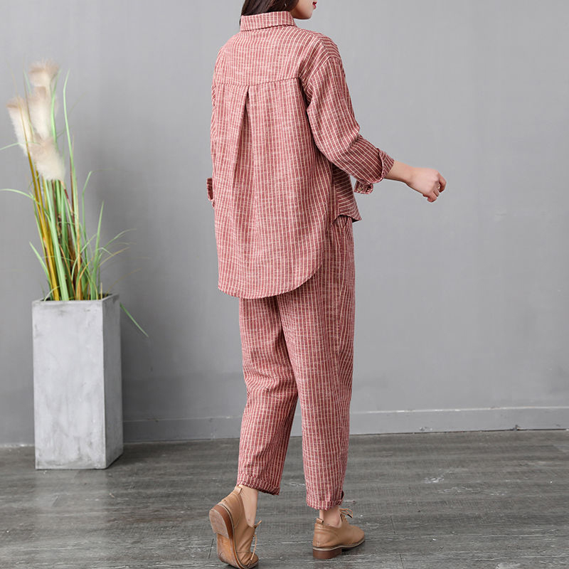 Arrival Spring Korea Fashion Women Long Sleeve Shirt Elastic Waist Loose Pant Suit Cotton Linen Stripe 2 Peice Set S647 210512