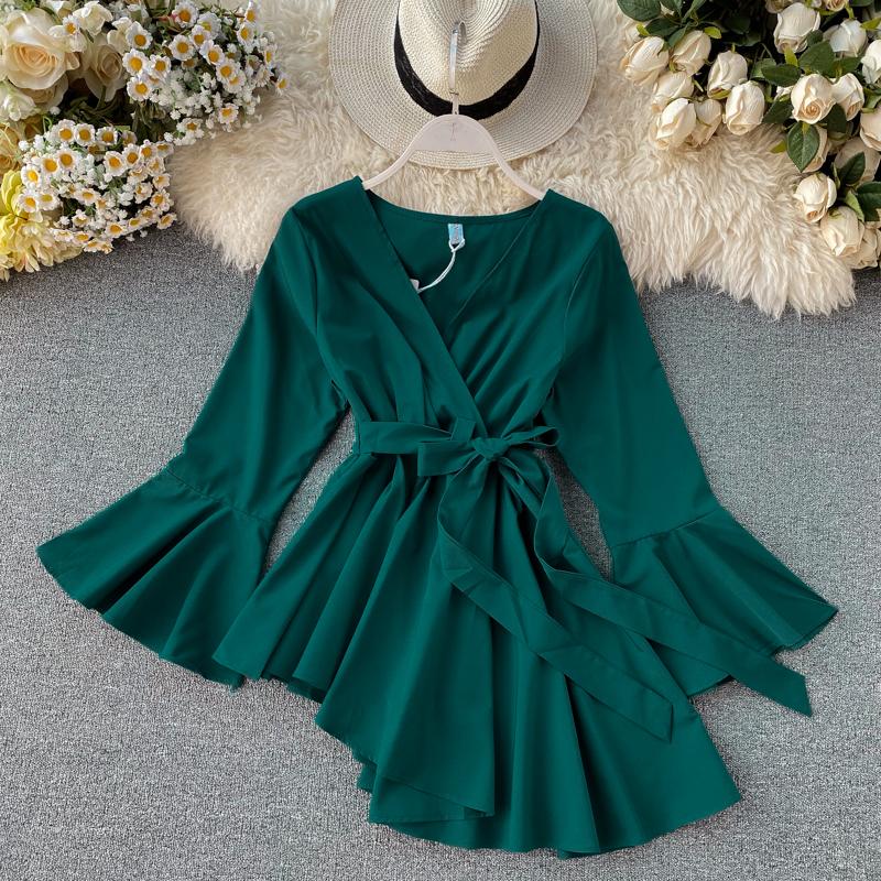 Womens Blouses Shirts 2021 Spring Chic V-neck Flare Sleeve Chiffon Irregular Blouse Womens Elegant Ruffles Shirt Lace-up Waist Tops Cloth