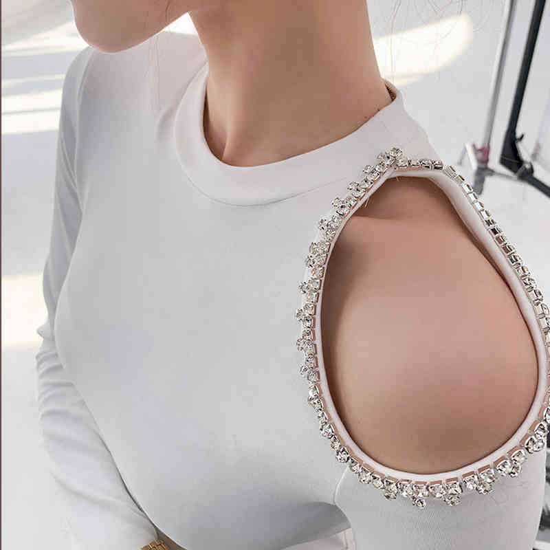 TWOTWINSTYLE Off Shoulder Patchwork Diamond Tops For Women O Neck Long Sleeve Black T Shirt Female Fashion Clothing 210517