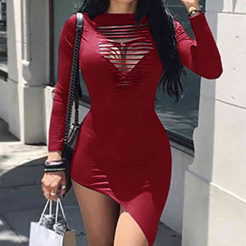 Sexy Women's Bodycon O Neck Long Sleeve Hallow Out Party Evening Mini Short Irregular Pencil Dress Vestidos Dresses For Women 210409