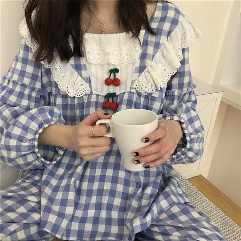 Plaid Pajamas Set Women Sweet Princess Cute Cotton Pyjamas Sexy Lace Full Sleeve Autumn 2Piece/Set Home Mom Sleepwear 210924