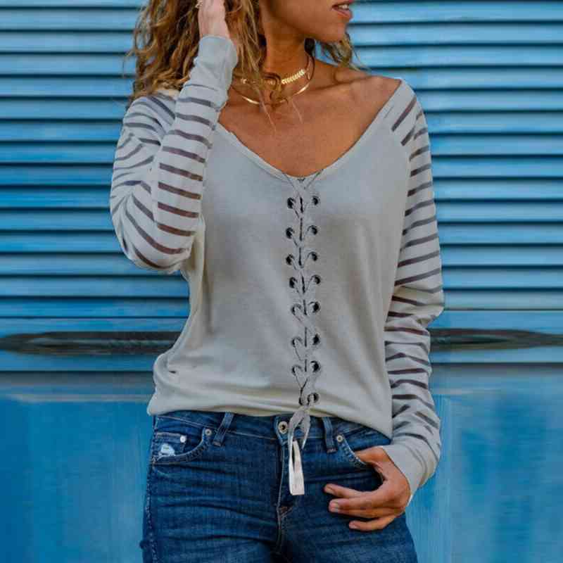 Women T Shirt Tops Female V Neck Elegant Striped Patchwork Pullover T-Shirt Fall Long Sleeve Top Ladies t shirts y2k top 210515