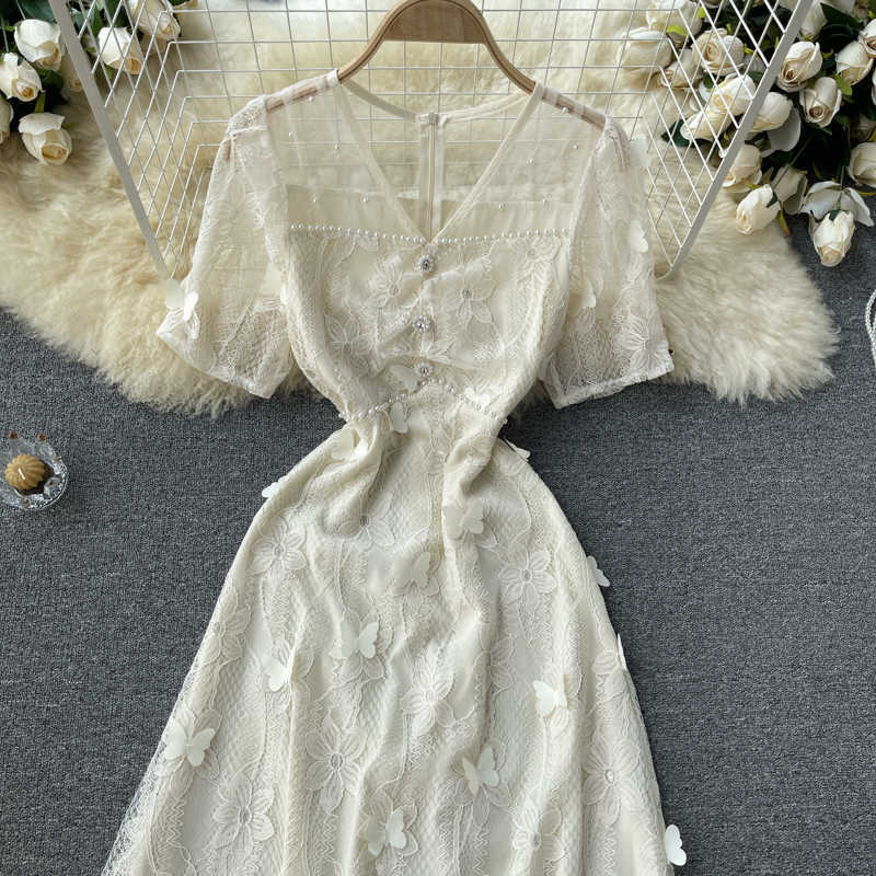 DEAT Women Lace Dress Butterfly Short Sleeve Arrivals Lady Temperament Fashion Spring Summer 11D577 210709