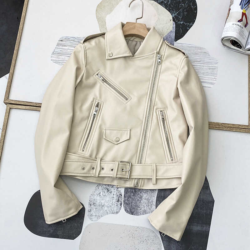 Ailegogo Autumn Women Black Pu Faux Leather Jacket Streetwear Moto Biker Slim Fit Turn Down Collar Coat Outwear with Belt 210909