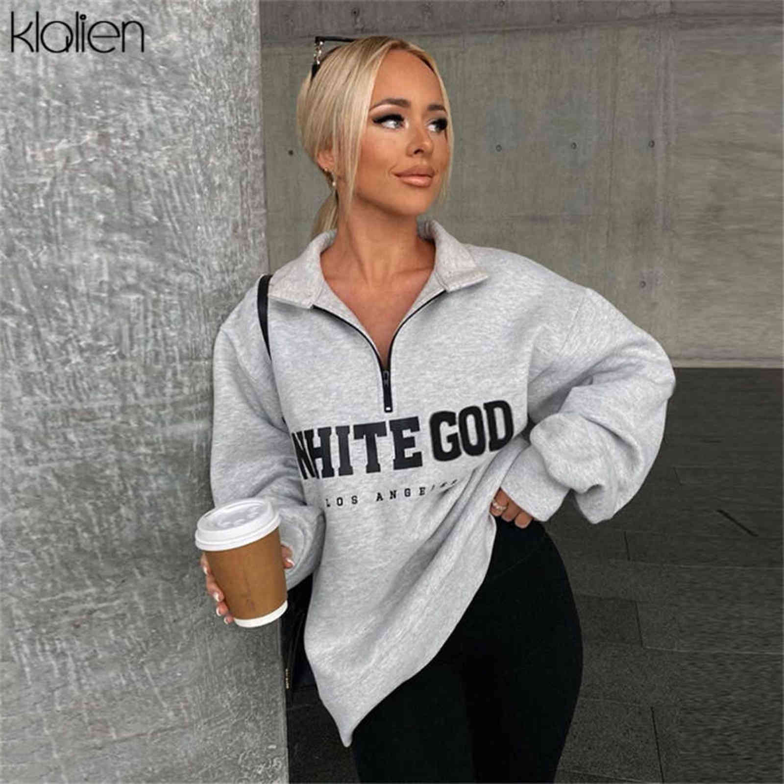 KLALIEN Fashion Casual Street Print Letter Loose Pullover Hoodies For Women Autumn Simple Warm Thicken Sweatshirts Female 211108