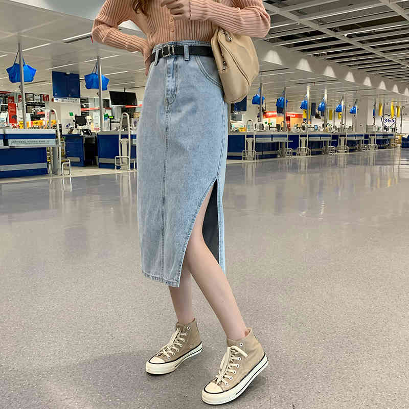 S-XL 2Color Long Denim Skirt korean style Side Split High Waist Midi Skirts Women split Jean Skirt Style Saia Jeans (72856 210423