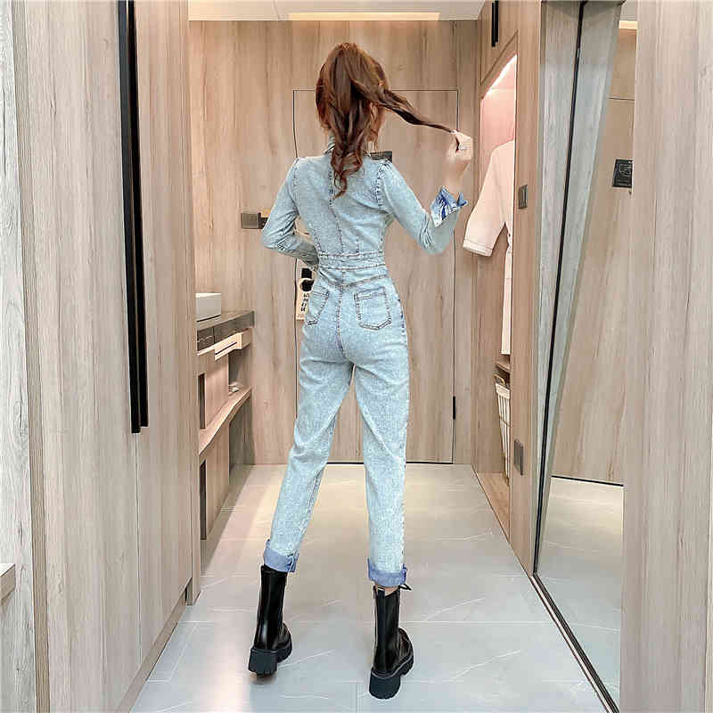 Spring Women Elegant Office OL Jumpsuit Retro Denim Long Sleeve Slim Hollow Square Collar Rompers Ladies Sexy Bodysuit 210519
