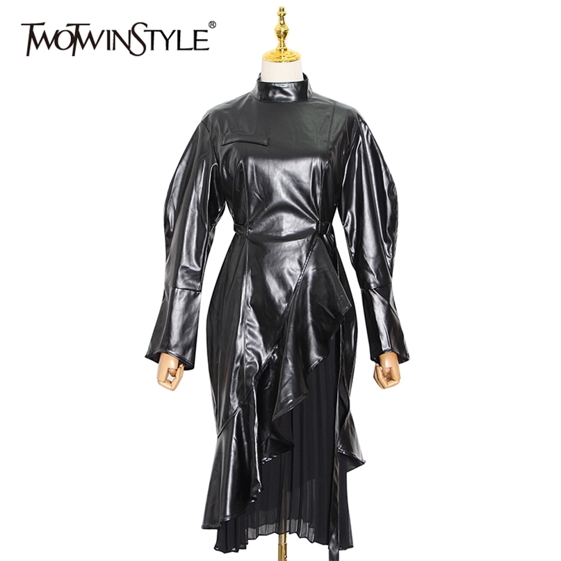 Patchwork Mesh Leather Women Dress Stand Collar Long Sleeve High Waist Midi Dresses Female Fall Fashion 210520, Black
Patchwork Mesh Leather Women Dress Stand Collar Long Sleeve High Waist Midi Dresses Female Fall Fashion 210520, Black