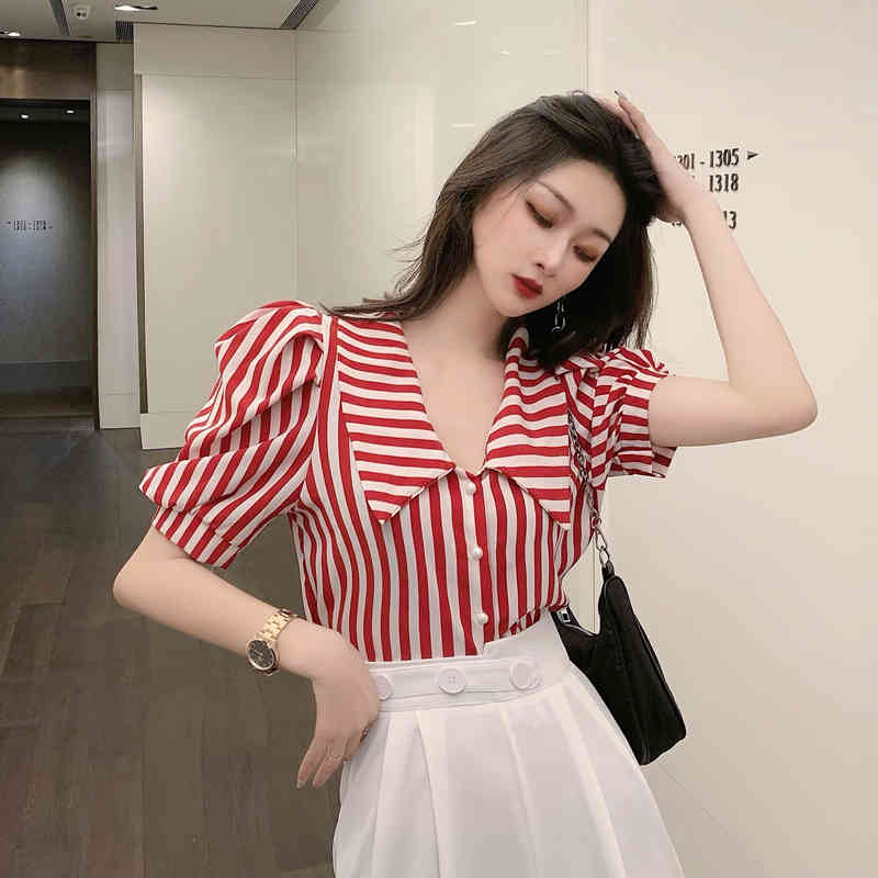 Vintage Lapel Short Sleeve Black Striped Shirts Women Loose Summer Fashion Clothing Red Tops Blusas Mujer Elegant Sexy Blouse 210429