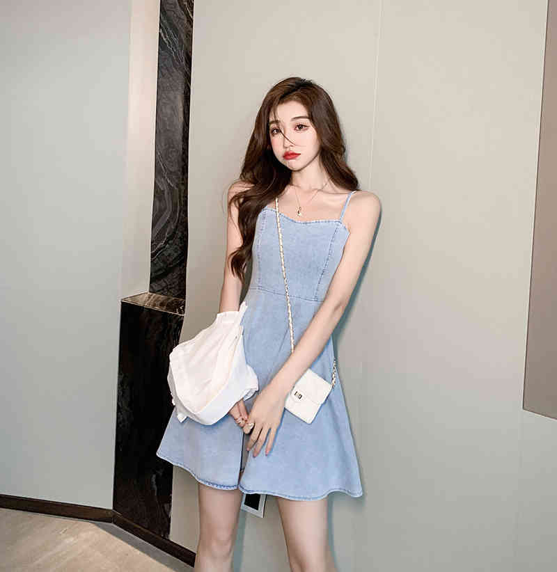 Summer 2-Piece Set Fashion Short Ruffles Blouse And Suspenders Denim A-Line Dress Women Female Suit 210519