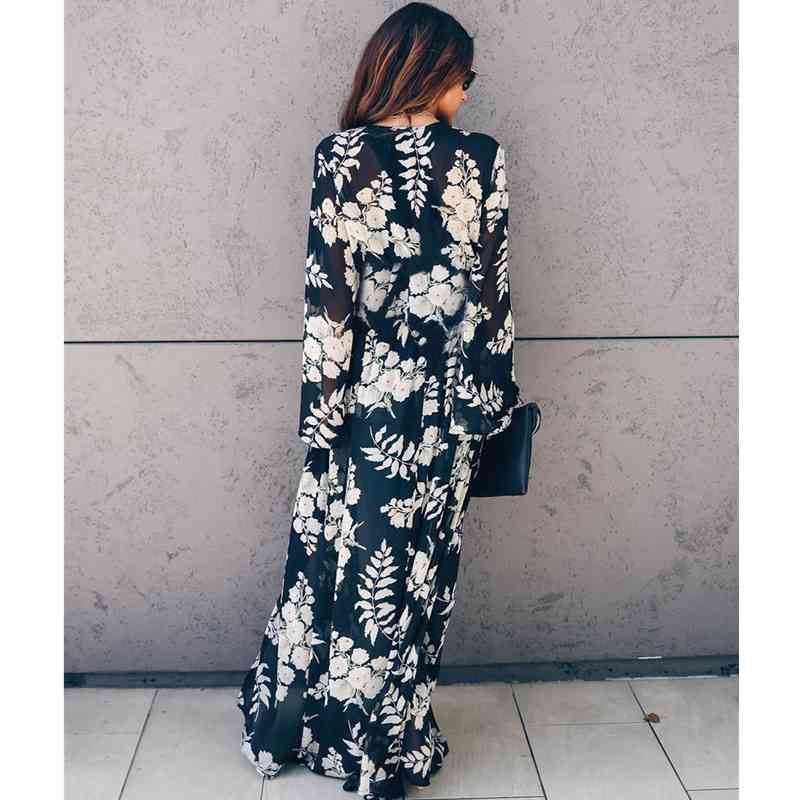 Bikini Cover-ups Boho Printed Long Kimono Cardigan Plus Size White Black Chiffon Tunic Women Beach Wear Swim Suit Cover Up A225 210420