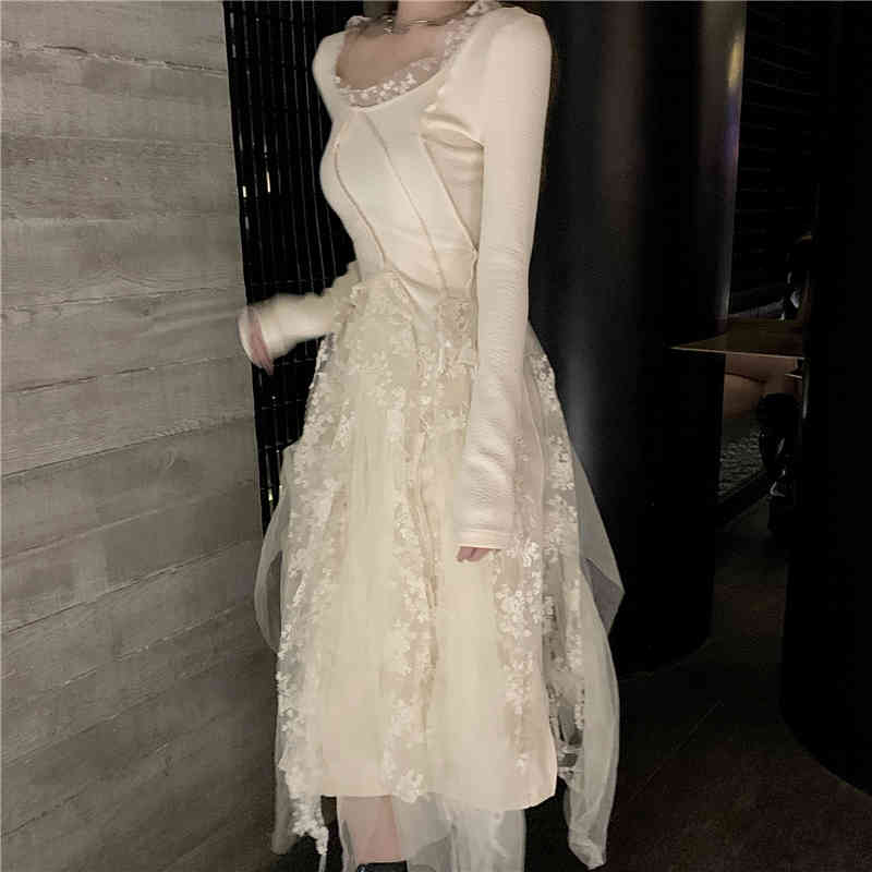Spring Elegant Lace Dress Women Casual Long Sleeve Slim Sweet Dress Korean French Vintage Party Dress Female 210521