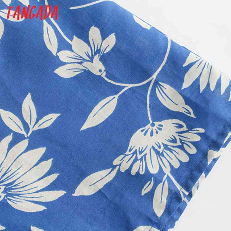 Summer Women Blue Floral Print French Style Puff Short Sleeve Ladies Midi Dress Vestidos 5Z93 210416