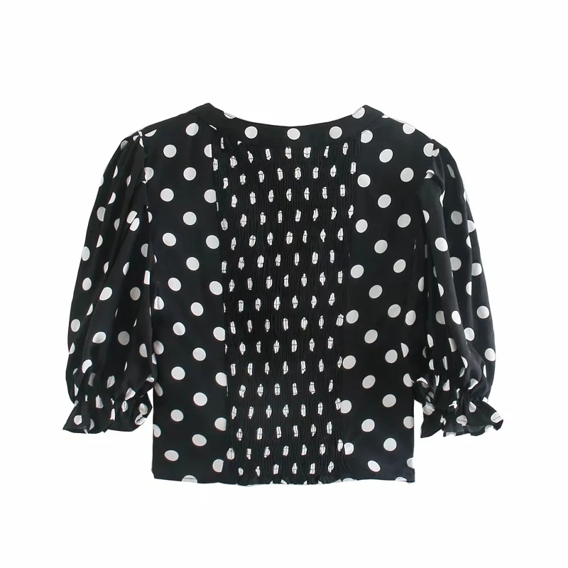 vintage women shirts summer fashion black blouses polka dot casual short dresses square collar girls 210430