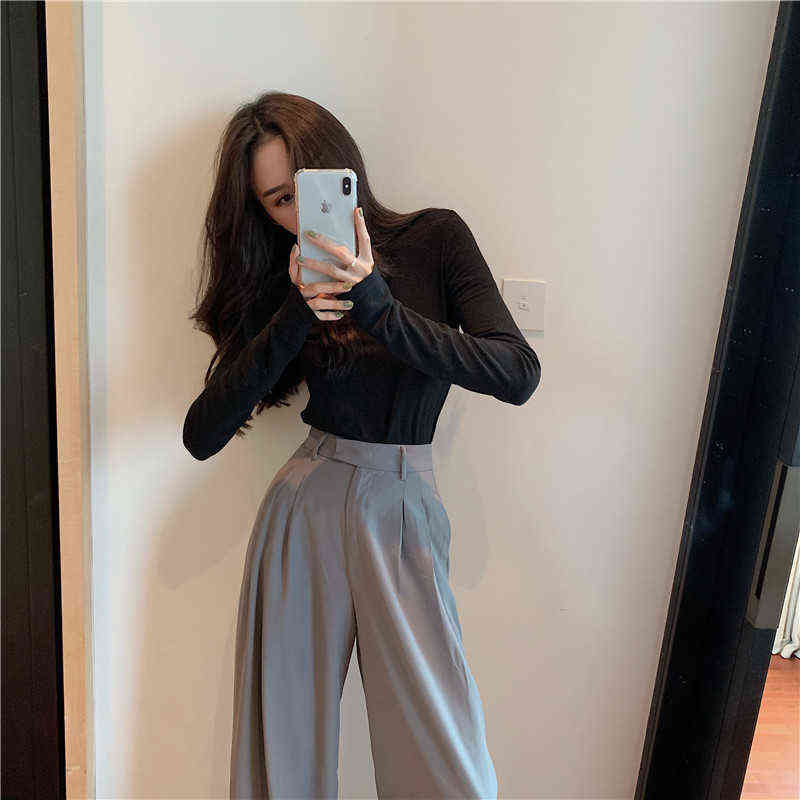 Women Loose Summer Pants Soft Ice Silk Ankle-Length Black Wide Leg Grey Khaki High Waisted Trousers stacked pants 211124