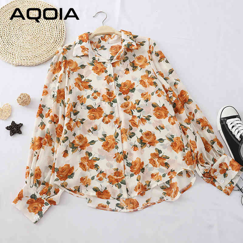 AQOIA Long Sleeve Floral Women Chiffon Shirt Button Up Vintage Turn Down Collar Blouse Spring Office Lady Blouses 210521