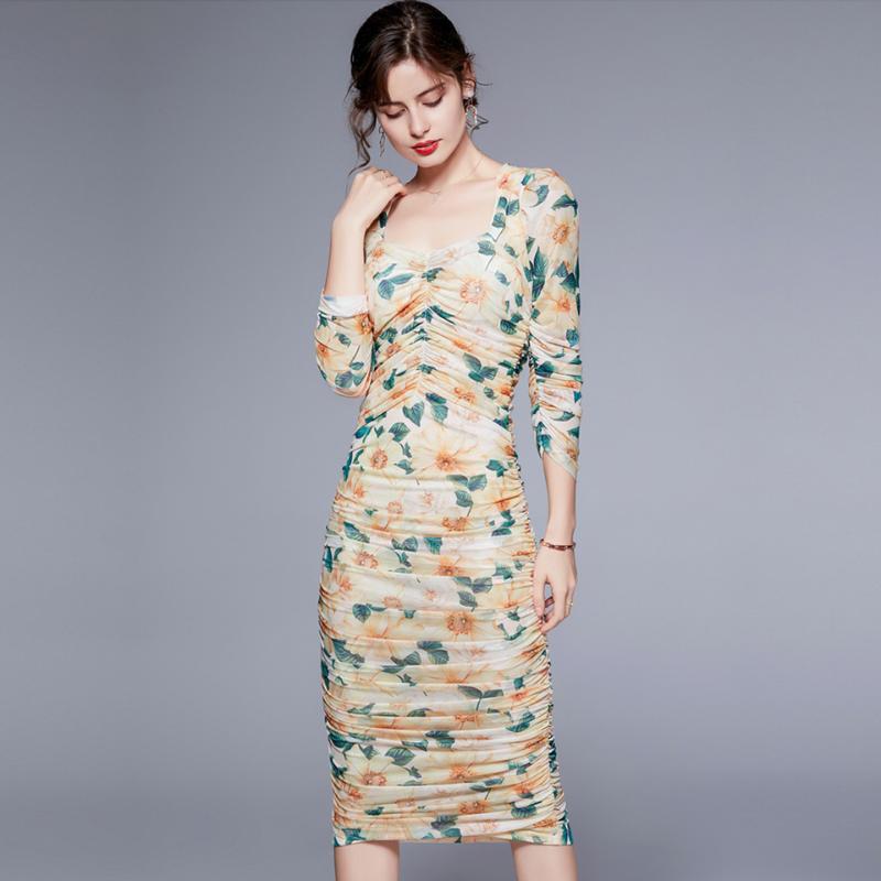 Elegant Party Dress 2021 Summer High Waist Tight Mid-Calf Puff Sleeve Small Folds Elasticity Vintage Floral Mesh Women Casual Dresses