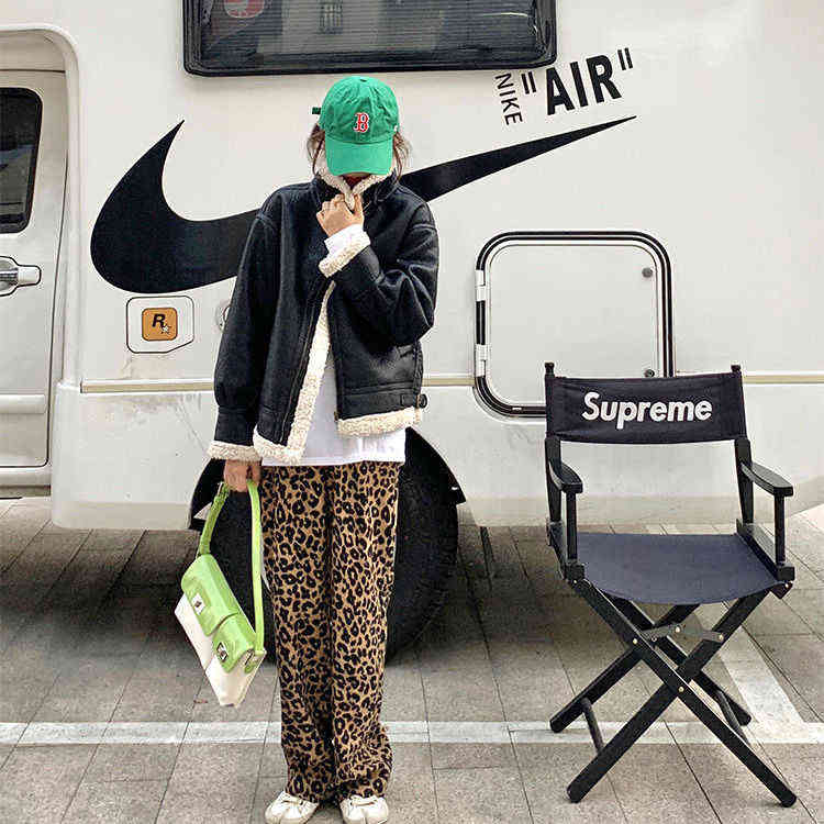 Korean leopard print wide leg pants high waist straight tube casual loose thin mops women fashion sweat 211115