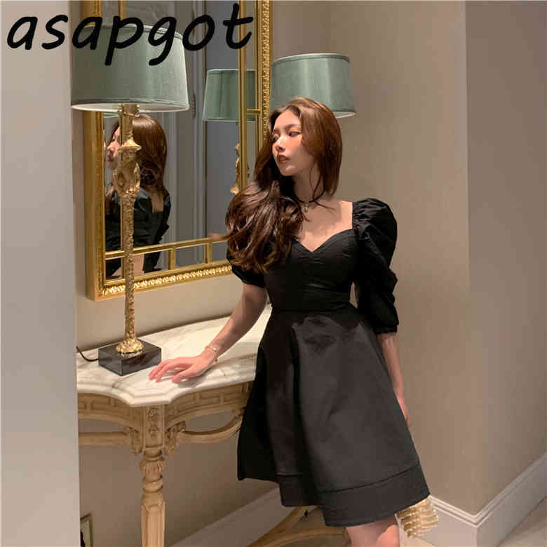 Retro Palace Style V Neck Puff Sleeve White Dress Women Loose Short Black Birthday Vestidos Mujer Party Fashion Simple 210429
