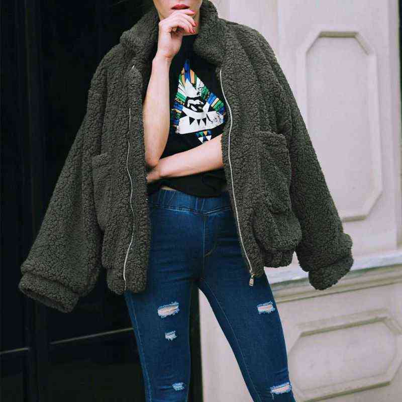 Elegant Faux Fur Coat Women Autumn Winter Warm Soft Zipper Fur Jacket Female Plush Overcoat Pocket Casual Teddy Outwear 3XL 211123