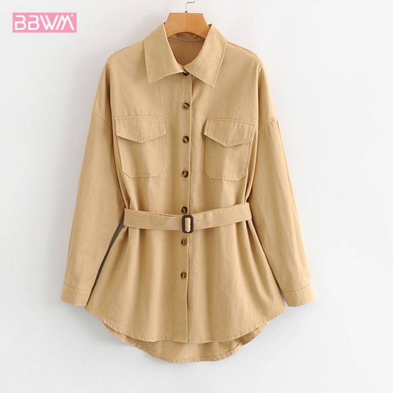 Waist Bandwidth Loose Collar Long Sleeve Single Breasted Waist Female Coat Autumn Casual Harajuku Tooling Women's Jacket 210507