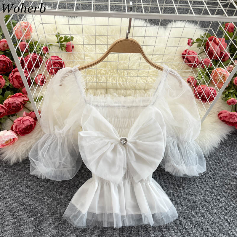 Rainbow Gauze Blouses Women Elegant Sweet Bow Blusas Mujer Puff Sleeve Square Collar Sexy Pleated Shirts Summer Crop Tops 210519