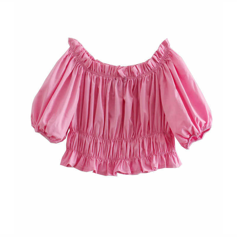 ZA Pink Elastic Cropped Summer Blouse Women Short Puff Sleeve Off Shoulder Sexy Top Woman Chic Pleated Smocked Blouses 210602