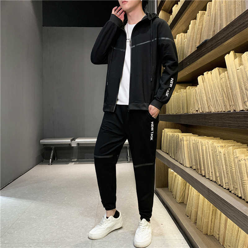 Mens Set Solid Color Coat 2 Piece Mens Jacket+Trousers Japanese Style Hip Hop Casual Sweatshirts Streetwear Hoodies Harajuku Men 210603