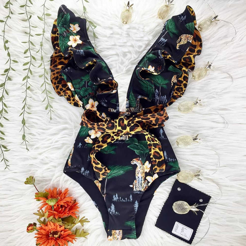 Sexy Ruffle Print Floral Swimsuit Off The Shoulder Swimwear Women Solid Deep-V Beachwear Bathing Suit Monkini 210702