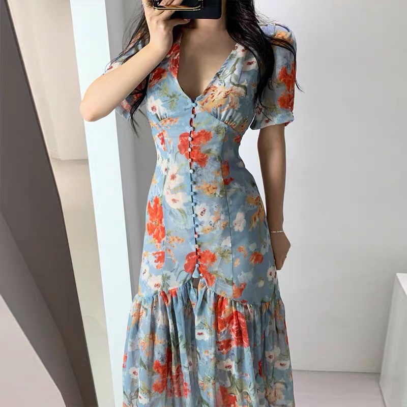 vintage chic lady flower printed blue single breasted summer fashion v-neck short sleeve beach holiday dresses women 210421