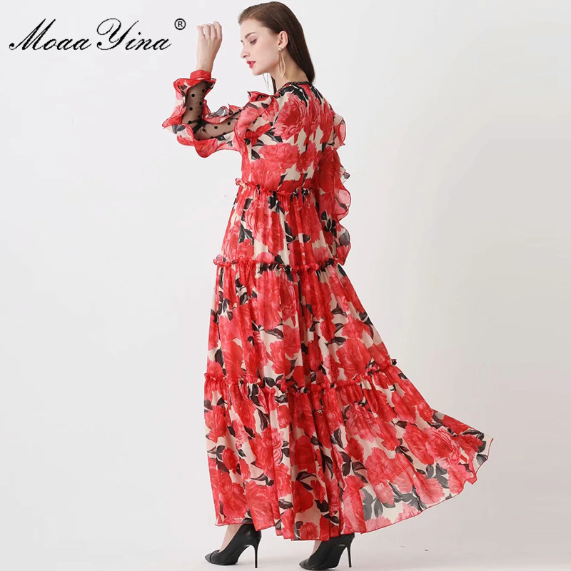 Runway Spring Party Maxi Dresses Women's Elegant Ruffles Long Sleeve Red Flower Print Custom Plus Size Dress S-5XL 210524