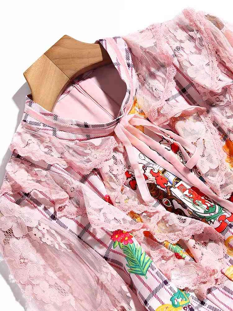 spring summer lace long sleeve pink mini A-line dresses for women cute printed bow plaid dress vestidos mulher 210421