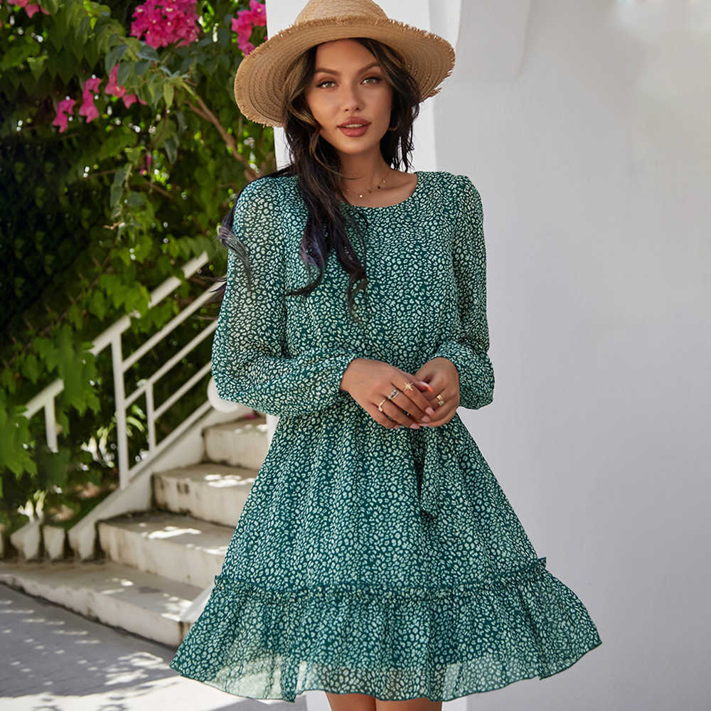 Ladies Vintage Mini Chiffon Dress Women Casual Long Sleeve Ruffles High Waist Bohemian Spring Summer Women Dress Vestidos Female 210630