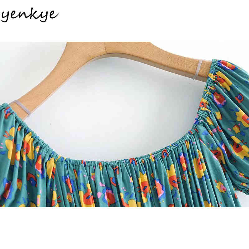 YENKYE Holiday Summer Dress Women Sexy Square Neck Short Sleeve Elastic Waist A-line Casual Dress Vintage Green Print Robe 210515
