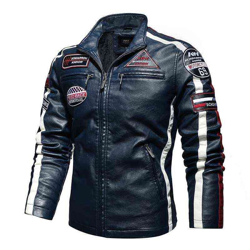 Vintage Motorcycle Jacket Men Fashion Biker Leather Jacket Male Embroidery Bomber Coat Winter Fleece Pu Overcoat Oversize 211111