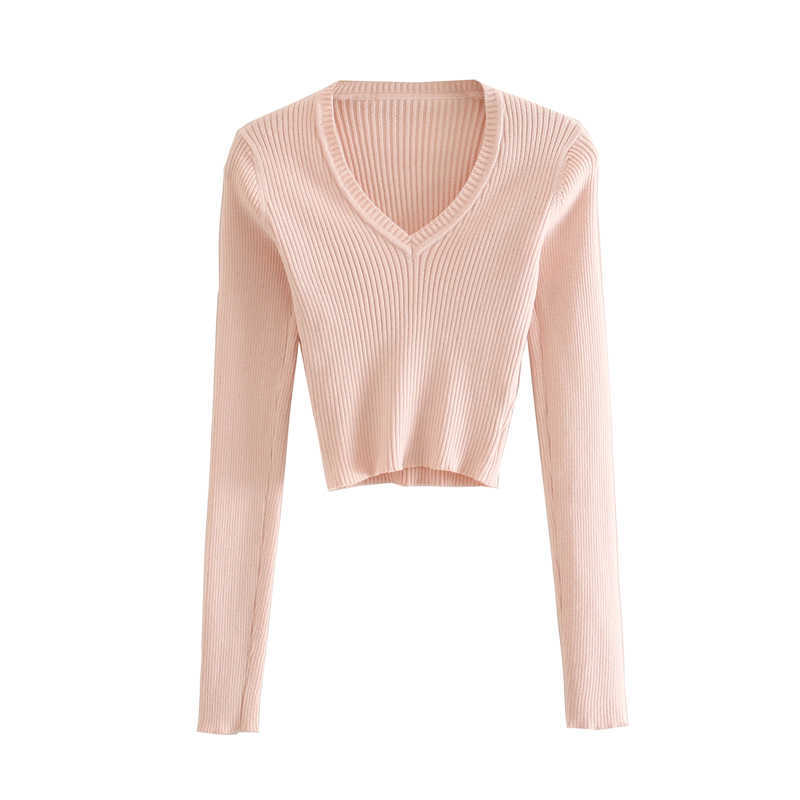 Summer sweater women long sleeve crop sweater vintage v neck pullover korean green sweater knit solid pullover autumn 210918